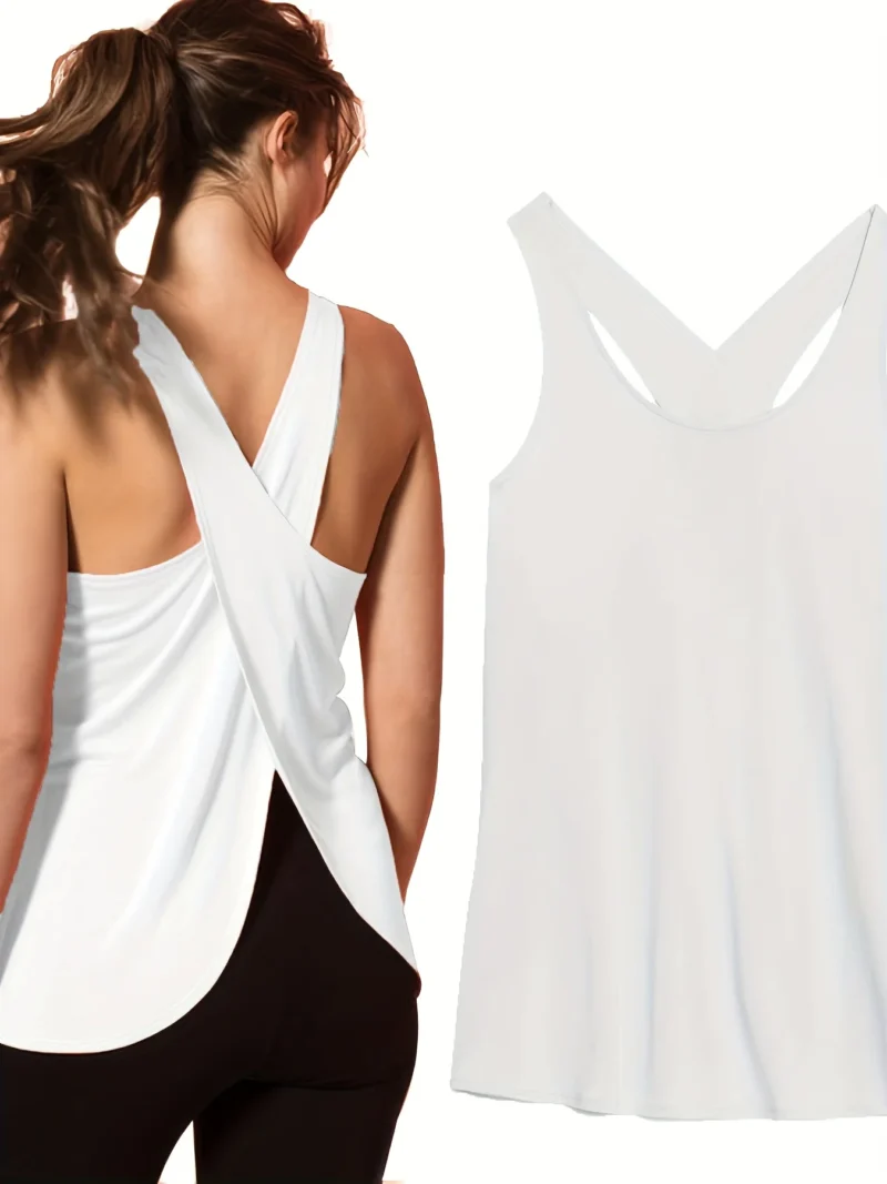 Solid Wrap Back Sports Tank Tops - Sleeveless, Breathable & Asymmetrical Hem Fit. - Image 4