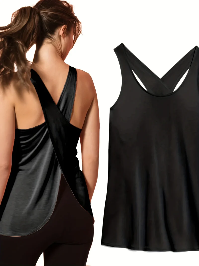 Solid Wrap Back Sports Tank Tops - Sleeveless, Breathable & Asymmetrical Hem Fit. - Image 3